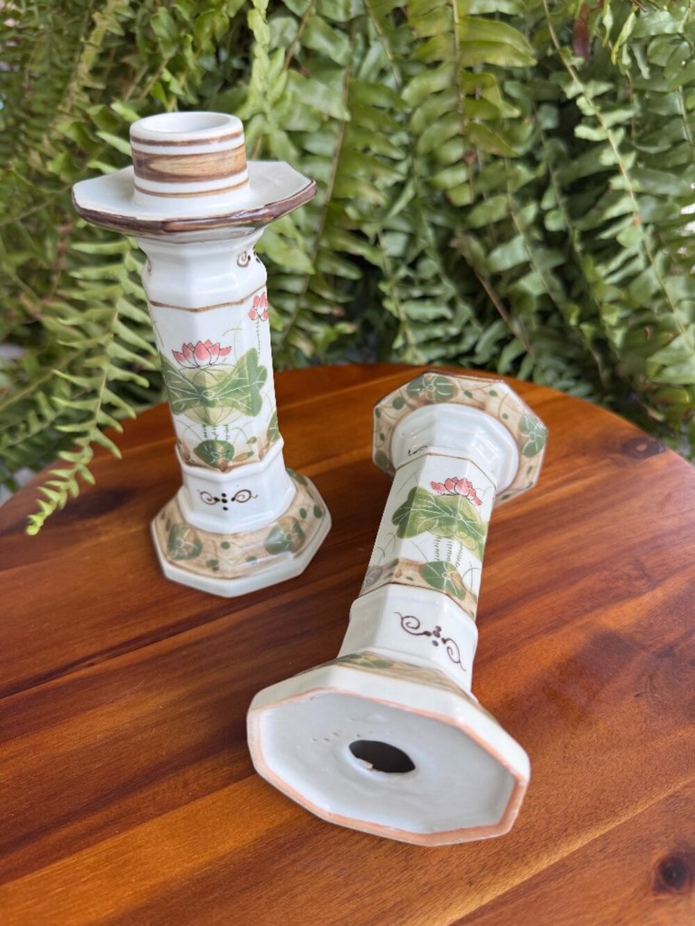 Vintage Japan Ceramic Candlestick Holders, Set of 2 Water Lily Floral Tapers